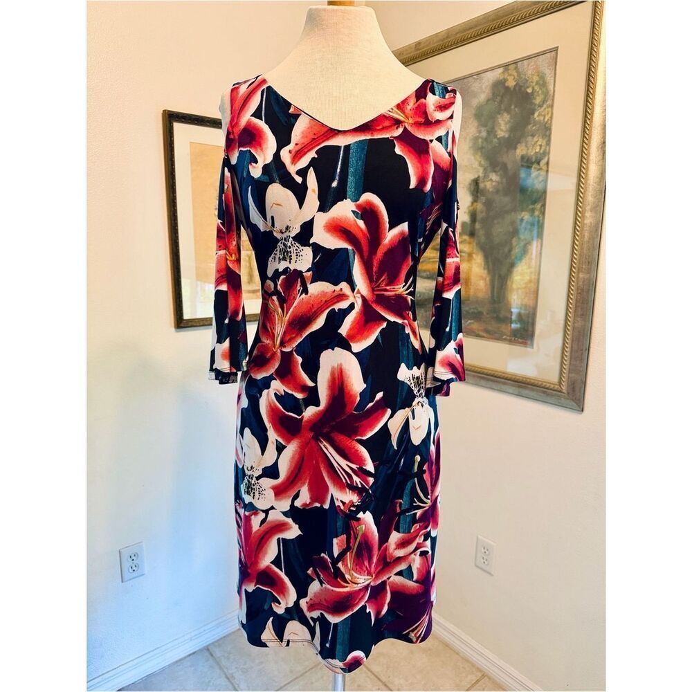 CONNECTED APPAREL Big Hibiscus Floral Cold-Shoulder Dress in Navy/ Pink Size 6